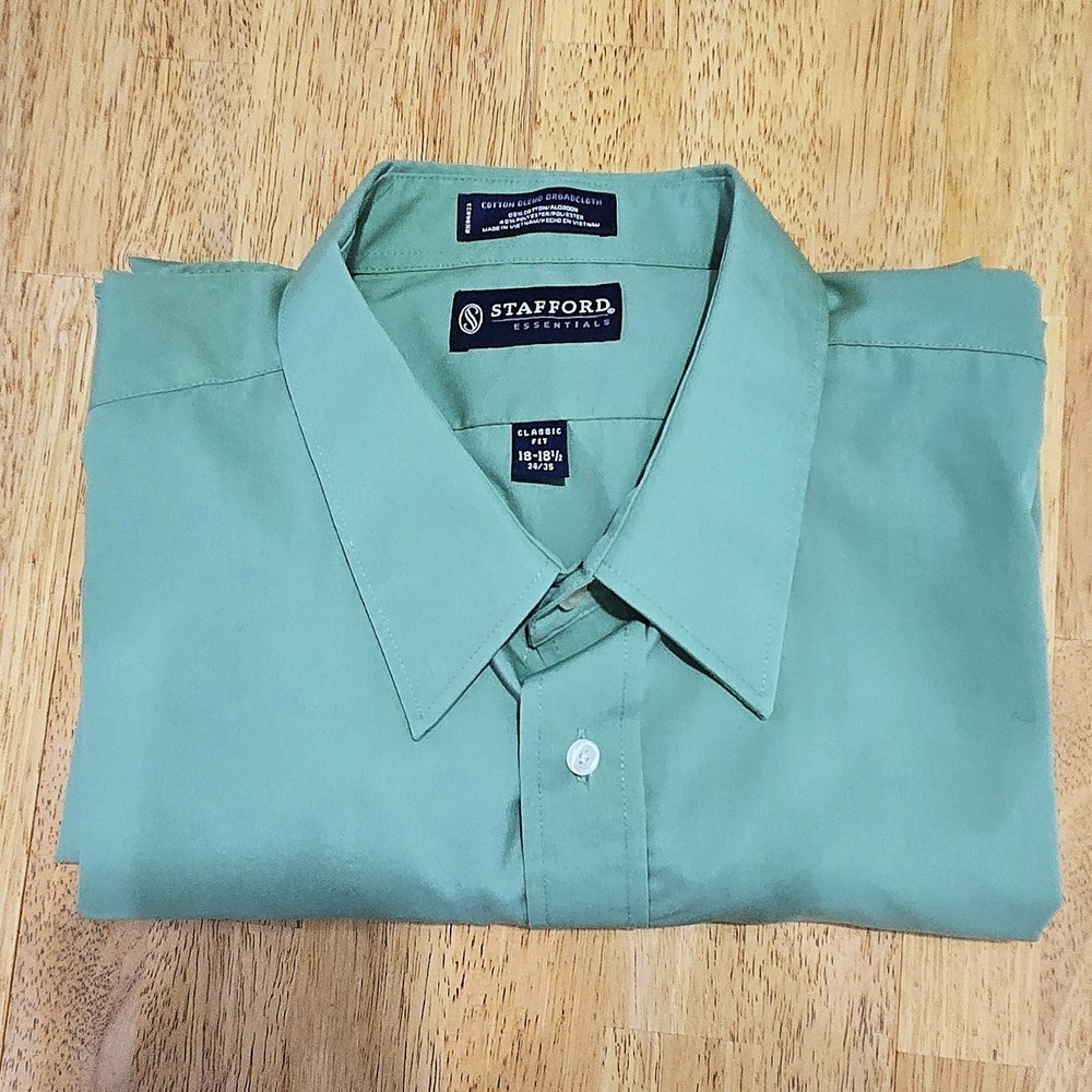 Stafford Mens Dress Shirt 18-18.5 34/34 Green‎ Long Sleeve